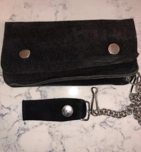Handmade 100% Suede Leather Bi Fold Wallet Security Chain And Stud Conchos - Picture 1 of 7