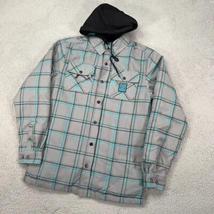 Dixxon Jacket Mens Medium Gray Blue Midtown Button Snap Hooded Flannel - Picture 1 of 8