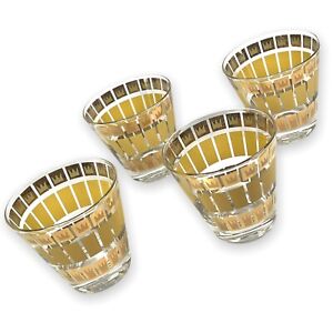 MCM Fred Press Gold Crown Yellow Stripe Old Fashioned Rocks Lowball Glasses 22k