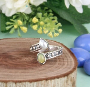 Ethiopian opal and Pearl Gemstone 925 Silver Oxidized Designer Bypass Ring - Picture 1 of 2