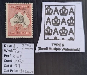 1930 Australia £2.00 Grey&Rose Crimson Kangaroo Stamp SMWMK Used Cat $1200.00. - Picture 1 of 3