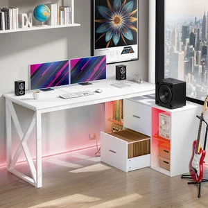 55" L-Shaped Corner Office Desk Computer File Drawers LED Lights Power Outlet - Picture 1 of 13