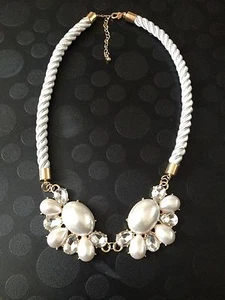 Handmade PEARL & CLEAR Stones IVORY Twisted Cord GOLD Accents STATEMENT NECKLACE - Picture 1 of 1