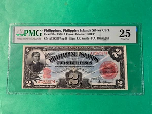PHILIPPINES 1906 2 PESO SILVER CERTIFICATE SMITH BRANAGAN SIGN P-32a PMG VF 25 - Picture 1 of 2