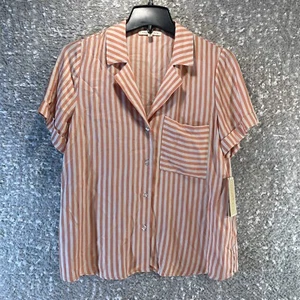 Copper Key Button Up Short Sleeve Rayon Striped XS Shirt Blouse Pocket NWT - Picture 1 of 8