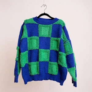 Blue and Green Checkered Knit Sweater Medium Funky Patchwork Pullover - Picture 1 of 5