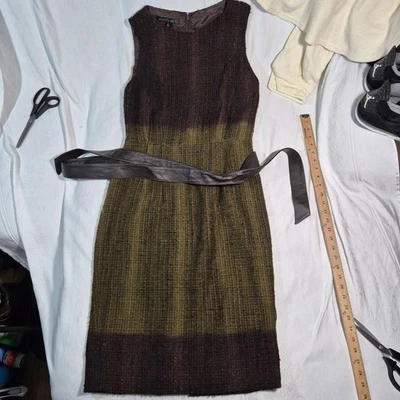 Lafayette 148 Wool Mohair Dress Brown Green Sleeveless Leather Belt Sz.6 - Image 1 of 4