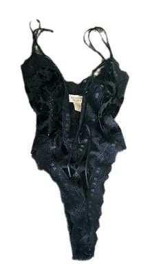 Victoria's Secret Y2k Lencería Negra de Encaje 3 Correas para Bebé Negro Terciopelo Flores M Foto 1 de 4