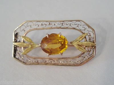 Prendedor de filigrana victoriano de oro amarillo de 10 quilates hojas verdes citrino 2,1 gr 1" piedra ovalada Foto 1 de 4