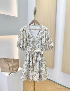  Zimmermann Off-White & Green Bird Print Linen Puffed Sleeve Dress s
