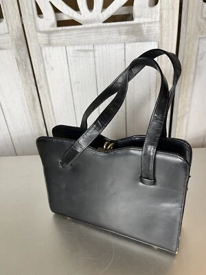 Vintage Purse Black FAUX LEATHER BAG HANDBAG Top Handle Multi Compartment - Image 1 of 4