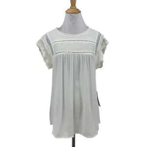 Daniel Rainn Blouse Womens M Medium White Pintuck Crochet Lace Sleeves Pom Pom - Picture 1 of 12
