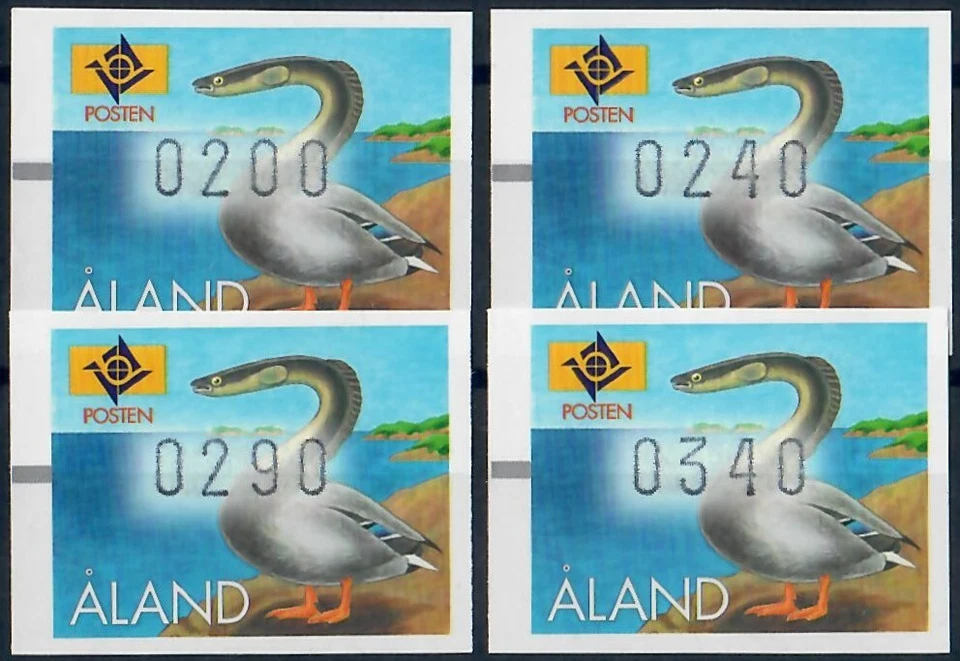 ISLAS ALAND. 1996. Pato anguila. Etiquetas ATM Frama. Juego de 4, MNH (EA8a-EA8d) Foto 1 de 1