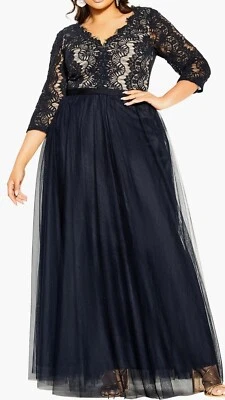 Nuevo Vestido de Noche Formal City Chic Raro Belleza Cuello Encaje y Tul, Pequeño Plus 16W Foto 1 de 4