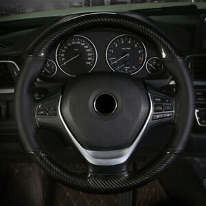 Hand Sewing PU Leather Car Steering Wheel Cover 38cm Glossy Carbon Fiber Look   