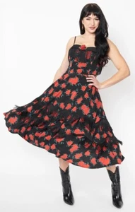 NWT Unique Vintage Red Rose Print Fringe Girlie Swing Dress XS 2 - Picture 1 of 11