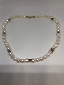 Elegant Cultured Pearl Necklace with Rhinestone Gold-Tone Spacers – 17 Inches - Picture 1 of 10