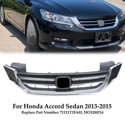 For Honda Accord Sedan 2013-2015 Front Bumper Upper Grille Black w/Chrome Trim - Image 1 of 4