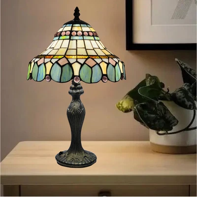 E-TRADEMART 10 inch Vintage Tiffany Style Table Lamp Stained Handmade Glass Shade Multicolor