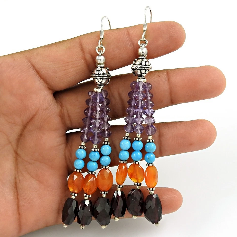Real 925 Sterling Silver Briolette Turquoise Carnelian Earrings Christmas Gift - Image 1 of 4