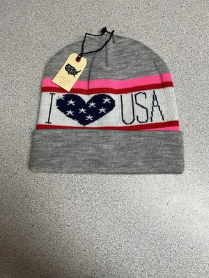 Mujer AMERICAN EAGLE OUTFITTERS EE. UU. Gris Invierno Sombrero/Gorro I Love ♡ EE. UU. NUEVO Foto 1 de 4
