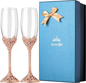 Rose Gold Champagne Flutes - Crystal Glasses Metal Base with Crystal Stones, Set - Picture 1 of 7