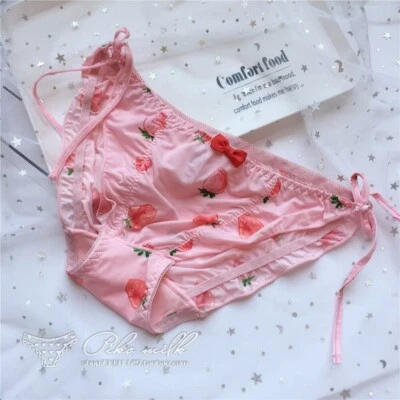 Sexy ropa interior calzoncillos con estampado de fresa dulce con moño con volantes con cordones para mujer Foto 1 de 3