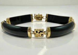 14K Yellow Gold Asian Character Black Onyx Link Bracelet 6.75" FZZ - Picture 1 of 5