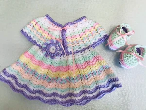 Baby Girl Dress Crochet Handmade Newborn 6-18 Month infant baby dress & Booties - Picture 1 of 7