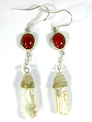 Exquisite Sterling Silver Filigree Inlaid Red Agate & Pearl Eardrops Earrings - Image 1 of 3