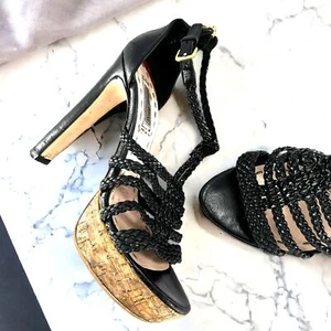 Miu Miu Black Braided Leather Cork Platform Sandals Heels Size 37.5 - Picture 1 of 9