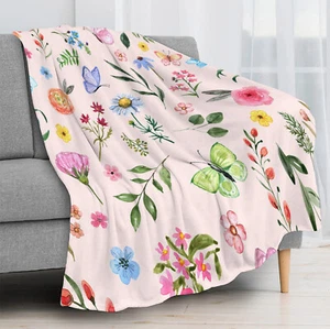 Butterfly Green Leaf Spring Floral Pink Throw Blanket for Couch Bed Sofa Office - Picture 1 of 6