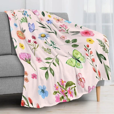Butterfly Green Leaf Spring Floral Pink Throw Blanket for Couch Bed Sofa Office - Image 1 of 4