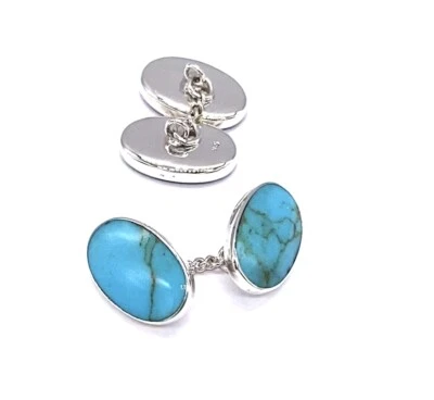 925 Sterling Silver Blue Turquoise Gemstone Chain Link Oval Shaped Cufflinks - Image 1 of 2