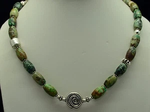 STERLING SILVER WITH GREEN AGATE BEADED NECKLACE 16.5" #E816 - Picture 1 of 5