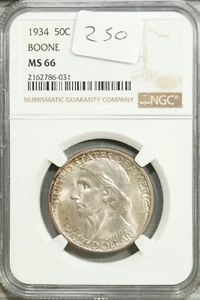 1934 Boone Commemorative Silver Half Dollar 50c NGC MS 66 GEM UNC #6-031 - Picture 1 of 2