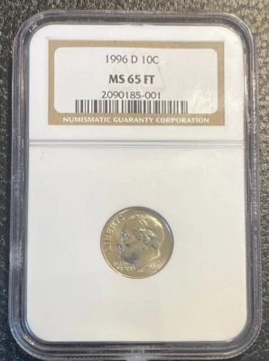 1996-D ROOSEVELT DIME CERTIFIED NGC MS65FT BRILLIANT UNCIRCULATED CLAD GEM COIN - Image 1 of 4