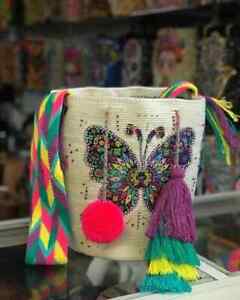 Handmade Bag Mochila Wayuu Blanca Pedreria Mariposa