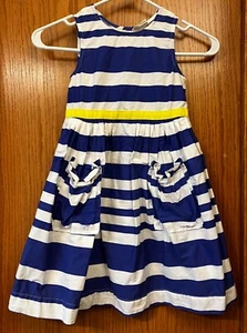 Mini Boden Girls Blue & White Striped Sleeveless Dress Summer Yellow Trim 4 5 - Picture 1 of 3