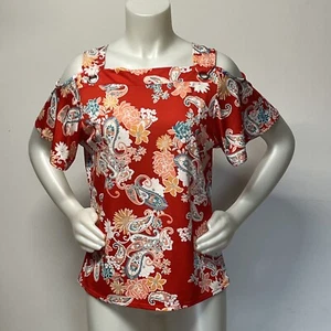 Women’s blouse Red floral size medium Short Sleeve Stretch NWT Cold Shoulder - Picture 1 of 15
