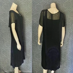 Schönes 20er Jahre tintenschwarzes Chiffonkleid, Kobalt & Anthrazit Glasperlen, Sm-Medium - Bild 1 von 9