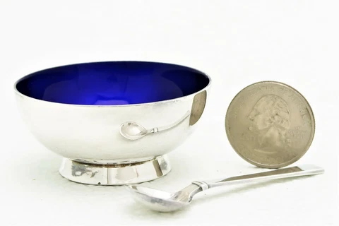 Sterling Silver Cobalt Blue Enamel Salt & Spoon Mrked A. Michelsen Denmark G9 Cover