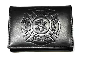 Feuerwehr Leder dreifach faltbare Geldbörse geprägtes Logo - schwarz - Bild 1 von 2