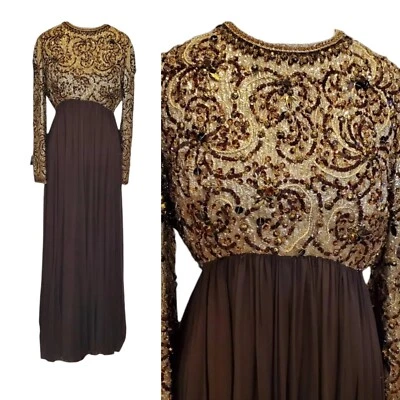 复古 60 年代 Couture 真丝串珠礼服金色棕色长袖中号 Read Des — 第 1/4 张图片