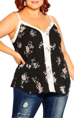 City Chic Cami Top Womens Plus Size S / 16 Black Floral Spliced Sleeveless Lined - image 1 of 4