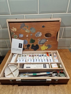 Vintage Artists Paint Box Case - Palette Oil Paints Brushes Charcoal Dish & more - Image 1 of 4