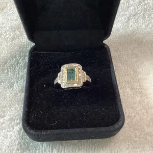 14K TWO TONE GOLD W/BLUE & WHITE NATURAL DIAMONDS RECTANGULAR RING - Picture 1 of 8