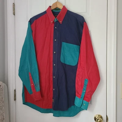 Vtg 90s Boston Traders Color Block Shirt Sz L Navy Red Teal Cowboy Rodeo Loud - Image 1 of 4