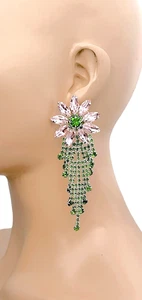 4.25" Long Pink Green Rhinestones Flower Fringe Earring Evening Wedding Guest - Picture 1 of 4