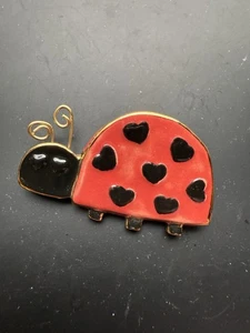 Vintage Ladybug Lapel Pin Brooch With Hearts Red Enamel - Picture 1 of 5